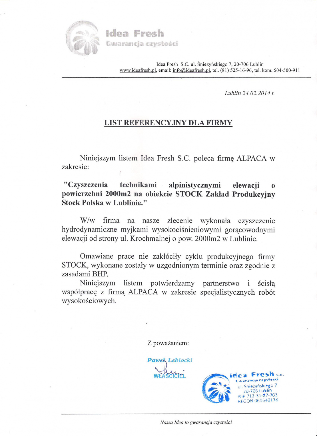 List referencyjny dotyczący mycia elewacji zewnętrznej hali produkcyjnej firmy STOCK w Lublinie.