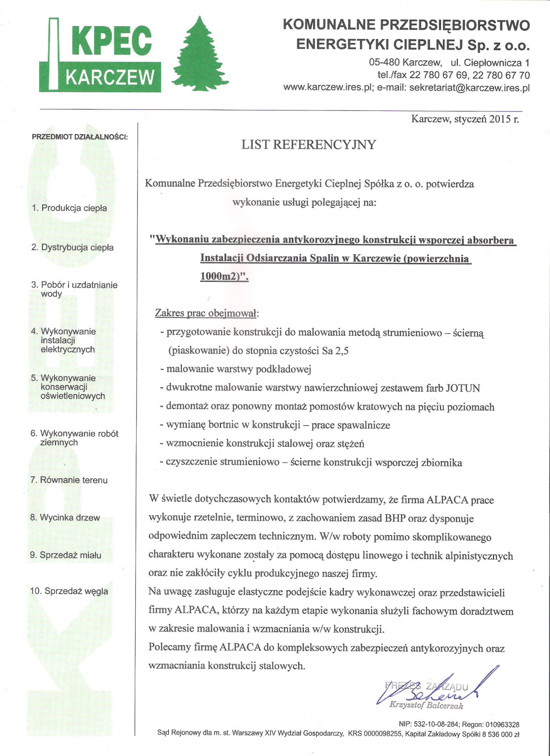 List referencyjny dotyczący zabezpieczenia antykorozyjnego konstrukcji wsporczej absorbera IOS w KPEC Karczew.