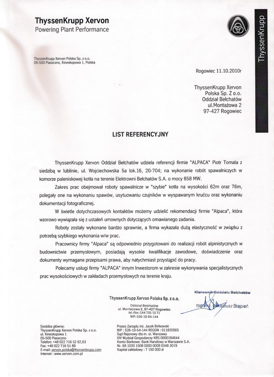List referencyjny dotyczący wykonania prac spawalniczych w komorze paleniskowej kotła na terenie Elektrowni Bełchatów.