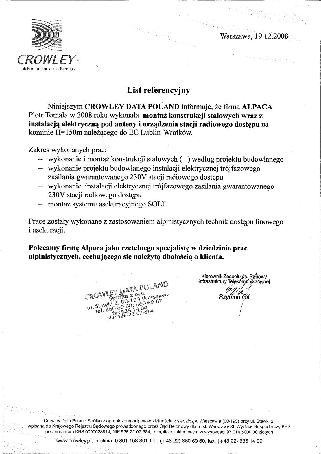 List referencyjny od Crowley Data Poland dotyczący montażu konstrukcji stalowych na kominie h=150m.