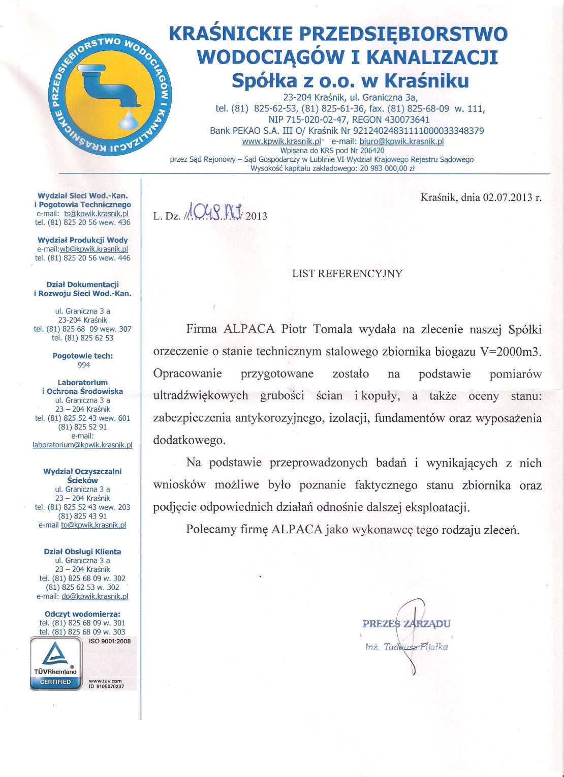 List referencyjny dotyczący oceny stanu technicznego stalowego zbiornika biogazu V=2000m3 na terenie oczyszczalni ścieków w Kraśniku..